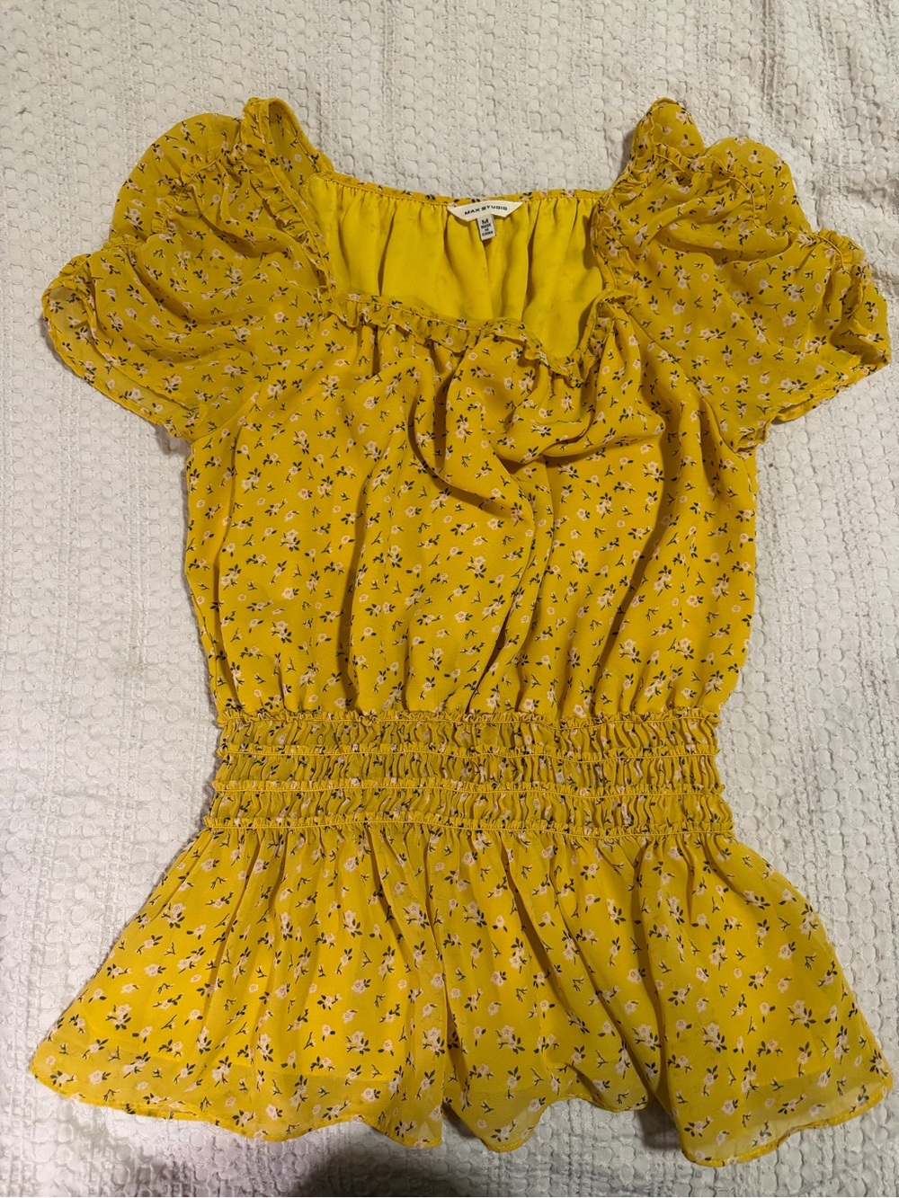Max Studio Yellow Floral Smocked Peplum Blouse
